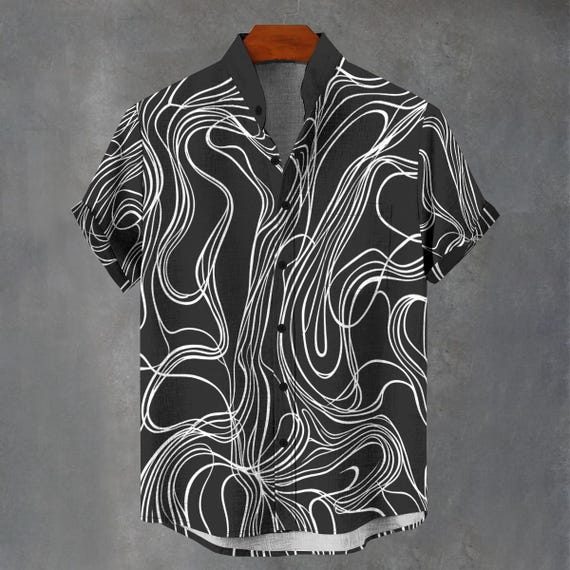 Camicia Hawaiana Uomo Stampa Auto E Fiamme – Nero Taglie Forti – Camicia Estiva In Poliestere