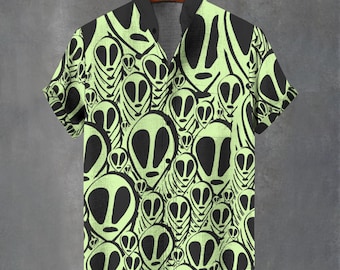 Men's Alien Print Button-Down Shirt – Party, Festival Outfit