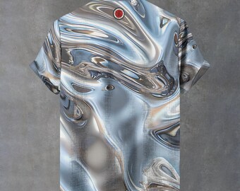 Abstract Silver Chrome Button-up Shirt, Digital Art Rave Wear 