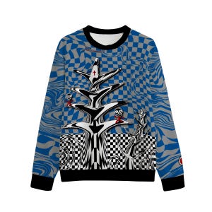 May include: A long-sleeved sweatshirt with a unique design. The top features a blue and gray checkered pattern with a swirling effect. A black and white tree-like graphic with skeleton figures is on the front. The cuffs and neckline are black.