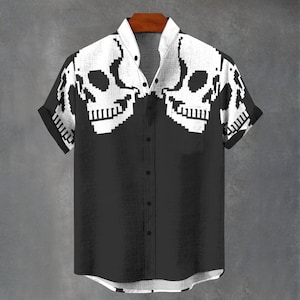 Skull Pixelized Digital Art Party Shirt All Over Skull Print Gift For Him or Her Button Up Shirt Rave Wear