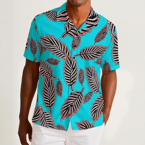 Palm Leaf Cyan Blue Hawaiian Style Men&#39;s Button Up Abstract All Over Print Fun Party Button Down Shirt for Summer Party Or Rave