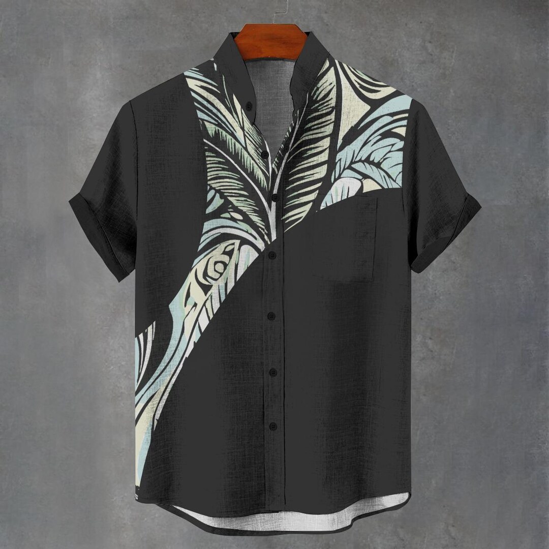 thumbnail interactive-video image 1 of Geometric Hawaiian Casual Button-Down Shirts For Men For Sale 1 of 11