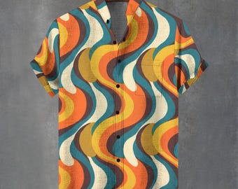 70s Retro Wave Button-Down Shirt - Abstract Disco Print