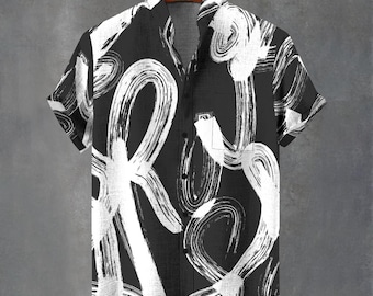 Modern Abstract Scribble Paint Brush Button Up Shirt Party Vibe Hawaiian Style Retro Button Up Shirt For Men  Artistic Print Button Down