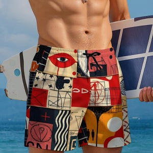 May include: Swim trunks with a colorful patchwork design. The trunks feature a variety of geometric shapes, including squares, rectangles, and wavy lines, in red, black, cream, and yellow. The trunks have a drawstring waistband.