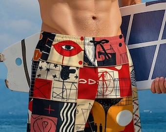 Abstract Collage Print Summer Shorts With Mesh liner And Pockets