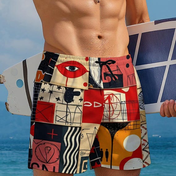 Abstract Collage Print Summer Shorts With Mesh liner And Pockets