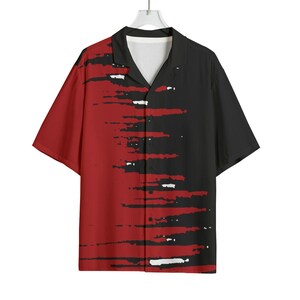 Camisa de rayón desgastada con estampado grunge y líneas divididas – Camisa abstracta rasgada con botones