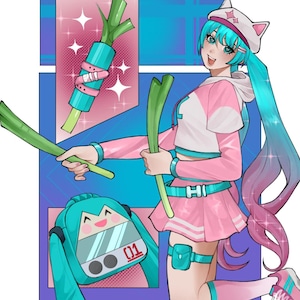 May include: Anime-style illustration of a character with teal hair and a pink and white outfit, holding green leeks. The character wears a cat-eared hat and has a matching backpack. The image has a vibrant color scheme with a comic book style.