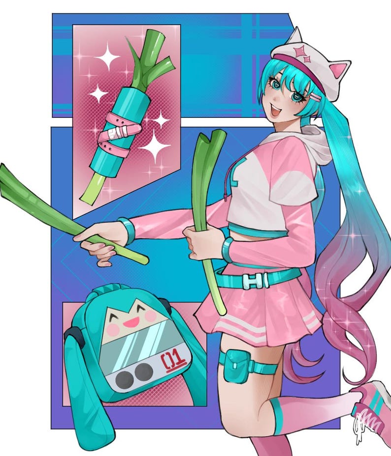 May include: Anime-style illustration of a character with teal hair and a pink and white outfit, holding green leeks. The character wears a cat-eared hat and has a matching backpack. The image has a vibrant color scheme with a comic book style.