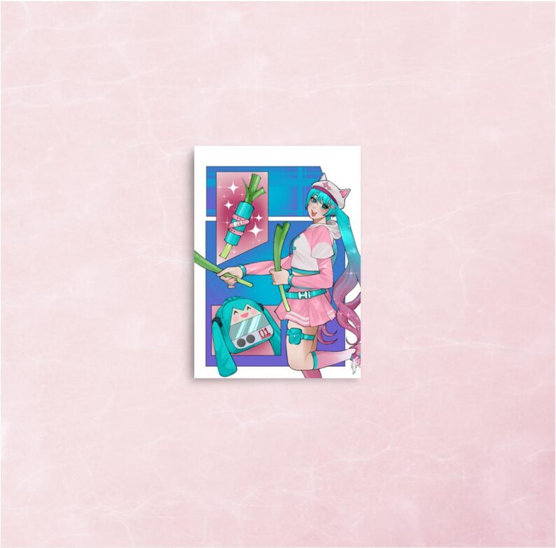 May include: A colorful anime-style illustration featuring a character in a pink and white outfit with long turquoise hair and a cat-ear hat. The character holds green leeks and is set against a blue and pink background with a matching backpack.