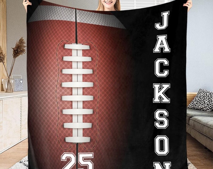 Customized Football Blanket, Football Player Blanket, Custom Name & Number Soft Cozy Sherpa Fleece Throw Blankets, Gift for Son, Dad, Team