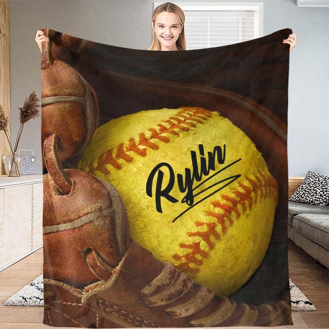 Personalized Softball Blanket, Softball Ball & Glove Soft Cozy Sherpa