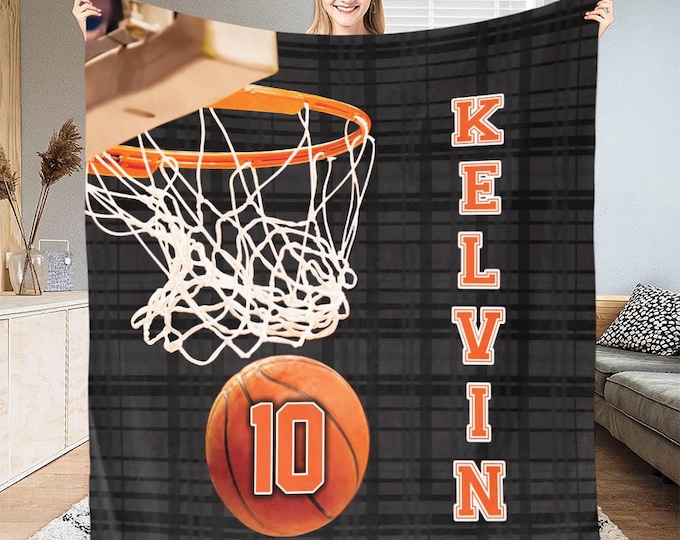 Personalized Basketball Blanket with Your Name Number, Basketball Custom Blankets, Basketball Custom Name Blanket, Basketball Throw Blankets