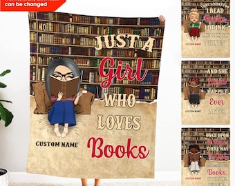 Personalized Blanket Gift For Daughter Friend, Just A Girl Who Loves Books Custom Blanket, Chibi Girl, Birthday Gift For Kids, Book Blankets