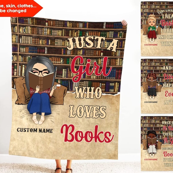 Personalized Blanket Gift For Daughter Friend, Just A Girl Who Loves Books Custom Blanket, Chibi Girl, Birthday Gift For Kids, Book Blankets