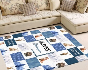 Personalized Blue Woodland Rug Playmat With Custom Name, Deer Bear Fox RABIT Animal, Woodland Nursery Decor, Baby Play Mat, Playmat For Baby