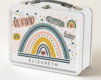 Personalized Lunch Box For Kid, Colorful Rainbow Boho Chic Be Kind Shine Hearts Metal Lunch Box, Lunch Box For School, Lunch Box For Kids