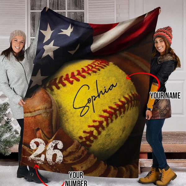 Personalized Softball Blanket, Softball Ball & Glove Soft Cozy Sherpa Fleece Throw Blankets, Custom Softball Gift for Mom, Daughter Girl Kid