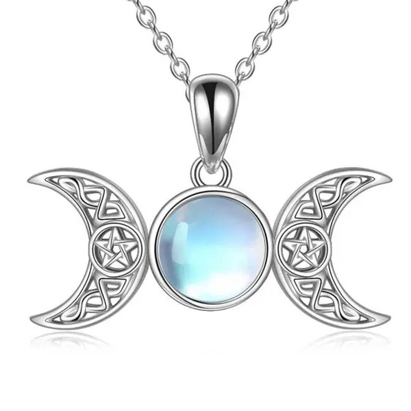 Moonstone Triple Moon Goddess Amulet Pentagram Pendant Necklace Sterling Silver Wiccan Jewelry