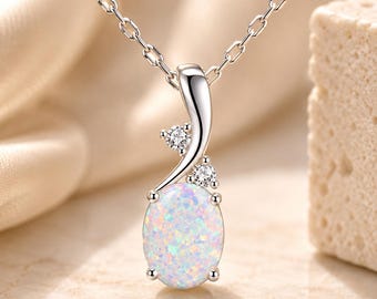 White Opal Necklace for Women, October Birthstone Necklace, Opal Pendant Necklace, Minimalist Jewelry, Gift for Her