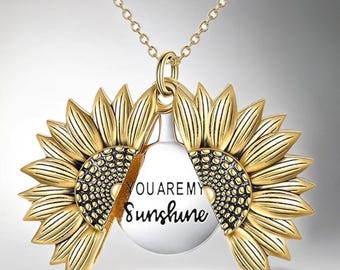 Sunflower Locket Necklace You Are My Sunshine Engraved Pendant Necklaces Anniversary Jewelry for Her