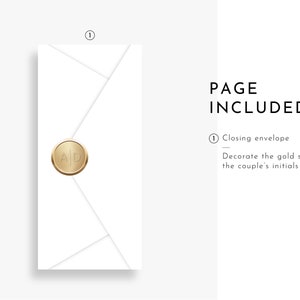 Peut inclure: Une enveloppe blanche avec un sceau de cire dor&eacute; portant les initiales "A|D". L'enveloppe fait partie d'un ensemble d'invitations de mariage. La page 1 de l'ensemble est incluse.