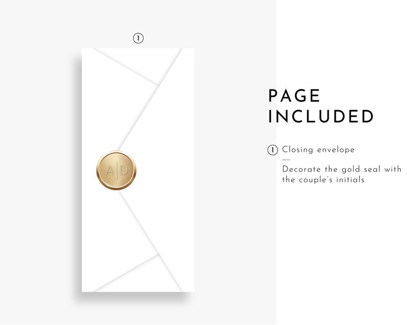 Peut inclure: Une enveloppe blanche avec un sceau de cire dor&eacute; portant les initiales "A|D". L'enveloppe fait partie d'un ensemble d'invitations de mariage. La page 1 de l'ensemble est incluse.