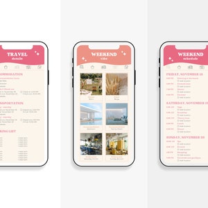 May include: A mobile phone screen displaying a travel itinerary app with sections for accommodation, transportation, and packing list. The app also includes a weekend vibe section with photos of a beach, a pool, a restaurant, and a brunch spot. The weekend schedule section lists activities for Friday, Saturday, and Sunday.