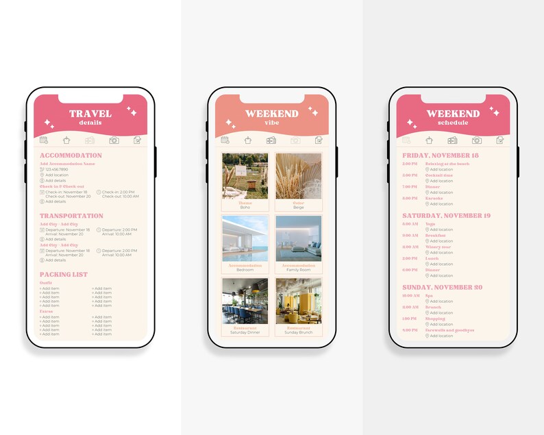 May include: A mobile phone screen displaying a travel itinerary app with sections for accommodation, transportation, and packing list. The app also includes a weekend vibe section with photos of a beach, a pool, a restaurant, and a brunch spot. The weekend schedule section lists activities for Friday, Saturday, and Sunday.