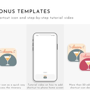 May include: A phone screen mockup showing a tutorial on how to add a shortcut to a phone's home screen. The shortcut icon is a stylized illustration of a cocktail glass with the word "cheers" written above it. The icon is in a light blue, pink, and yellow colour scheme.