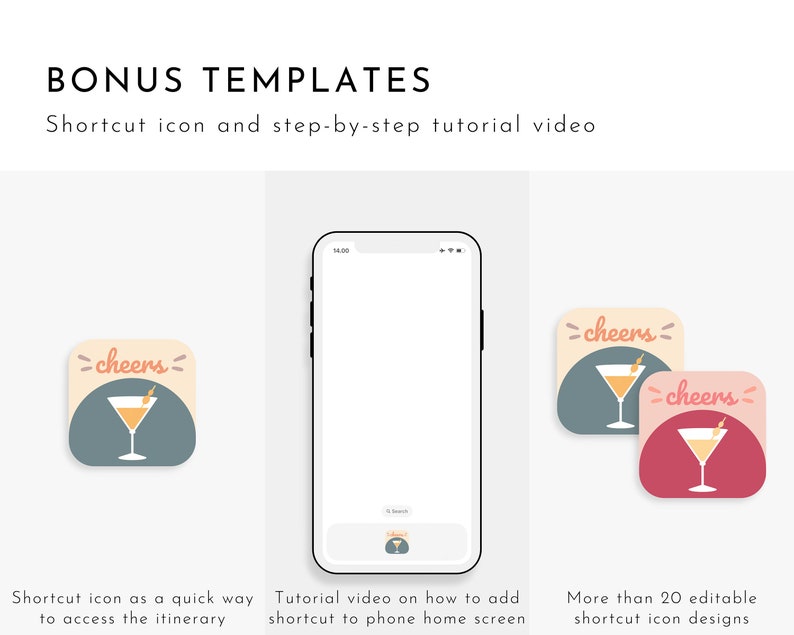 May include: A phone screen mockup showing a tutorial on how to add a shortcut to a phone's home screen. The shortcut icon is a stylized illustration of a cocktail glass with the word "cheers" written above it. The icon is in a light blue, pink, and yellow colour scheme.