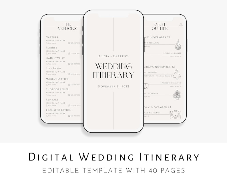 K&ouml;nnte beinhalten: Eine digitale Hochzeitsplanungsvorlage mit 40 Seiten. Die Vorlage ist f&uuml;r die Verwendung auf einem Mobiltelefon konzipiert und verf&uuml;gt &uuml;ber ein Schwarzwei&szlig;design mit einfachen Illustrationen. Der Text auf der Vorlage enth&auml;lt die Namen "Alicia + Darren's" und "Wedding Itinerary".