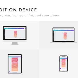 May include: A mockup showing how a design can be edited on a computer, laptop, tablet, and smartphone. The design features a pink and orange gradient with the text "Bachelorette Weekend" and white stars.