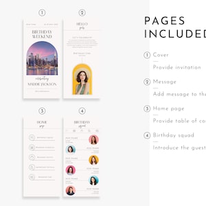 Pu&ograve; includere: Un modello di itinerario di fine settimana di compleanno stampabile di quattro pagine con uno sfondo di citt&agrave;, una pagina di messaggi, una pagina iniziale con un sommario e una pagina di squadra di compleanno per presentare gli ospiti. Il modello &egrave; progettato in uno stile minimalista moderno con testo e grafica in bianco e nero.
