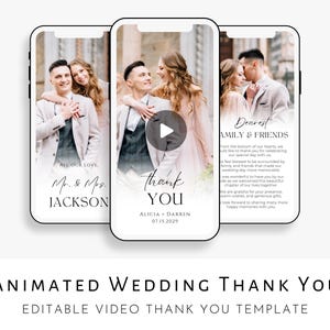Modèle numérique de carte de remerciement de mariage, mot de remerciement mariage minimaliste, carte de remerciement photo de mariage vidéo, modèle modifiable à télécharger