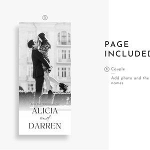 Peut inclure: Photographie en noir et blanc d'un couple qui s'embrasse devant un b&acirc;timent. Le texte "FOR THE WEDDING OF ALICIA and DARREN" est en bas de l'image.