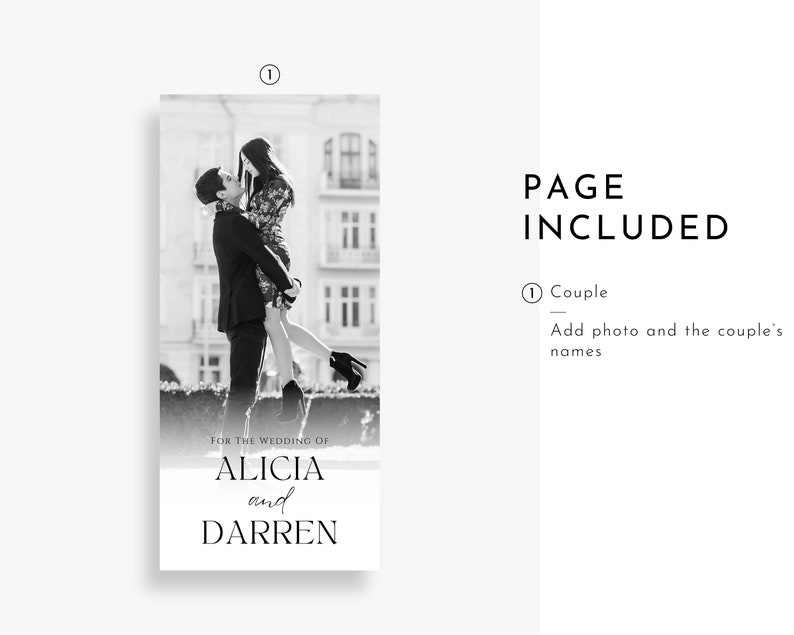 Peut inclure: Photographie en noir et blanc d'un couple qui s'embrasse devant un b&acirc;timent. Le texte "FOR THE WEDDING OF ALICIA and DARREN" est en bas de l'image.