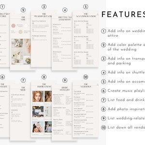 K&ouml;nnte beinhalten: Eine druckbare Checkliste f&uuml;r die Hochzeitsplanung mit 10 Abschnitten, darunter Hochzeitskleidung, die Stimmung, Transport, Shuttle zur Zeremonie, Unterkunft, die Playlist, das Men&uuml;, Inspiration, Braut-Artikel-Liste und Anbieter. Jeder Abschnitt hat eine Nummer und einen Titel in schwarzer serifenloser Schrift. Der Hintergrund ist hellbeige mit einer dezenten Textur.