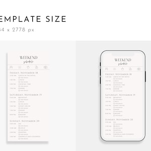 Pu&ograve; includere: Un mockup di un telefono cellulare in bianco e nero che mostra un modello di programma del fine settimana con un elenco di attivit&agrave; e orari per venerd&igrave;, sabato e domenica. Il modello include icone per un hotel, una valigia, una stella, una fotocamera e un orologio.