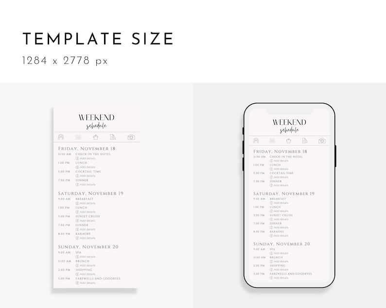 Pu&ograve; includere: Un mockup di un telefono cellulare in bianco e nero che mostra un modello di programma del fine settimana con un elenco di attivit&agrave; e orari per venerd&igrave;, sabato e domenica. Il modello include icone per un hotel, una valigia, una stella, una fotocamera e un orologio.