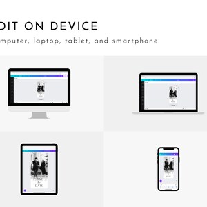 Peut inclure: Une maquette montrant comment une carte de sauvegarde de la date peut &ecirc;tre modifi&eacute;e sur un ordinateur, un ordinateur portable, une tablette et un smartphone. La carte pr&eacute;sente une photo en noir et blanc d'un couple.