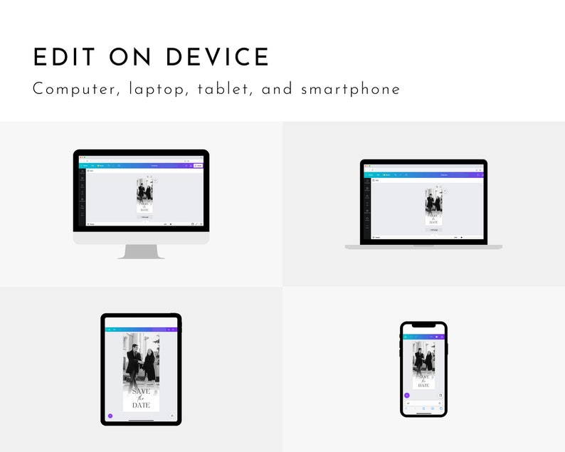 Peut inclure: Une maquette montrant comment une carte de sauvegarde de la date peut &ecirc;tre modifi&eacute;e sur un ordinateur, un ordinateur portable, une tablette et un smartphone. La carte pr&eacute;sente une photo en noir et blanc d'un couple.