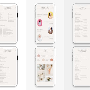 K&ouml;nnte beinhalten: Eine Hochzeitsplanungs-Checkliste mit sechs Seiten. Die Seiten beinhalten Details zur Hochzeitszeremonie, wichtige Kontakte, Haare und Make-up, den Einzug zur Zeremonie, die Hochzeitsatmosph&auml;re und den Shuttle-Transport zur Zeremonie.