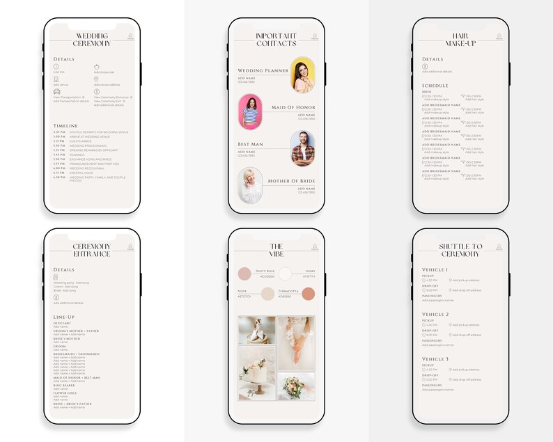 K&ouml;nnte beinhalten: Eine Hochzeitsplanungs-Checkliste mit sechs Seiten. Die Seiten beinhalten Details zur Hochzeitszeremonie, wichtige Kontakte, Haare und Make-up, den Einzug zur Zeremonie, die Hochzeitsatmosph&auml;re und den Shuttle-Transport zur Zeremonie.