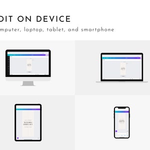 K&ouml;nnte beinhalten: Ein Mockup, das zeigt, wie ein Design auf einem Computer, Laptop, Tablet und Smartphone bearbeitet werden kann. Das Design ist eine einfache wei&szlig;e Karte mit dem Text "Wedding Invitations" in Schwarz.