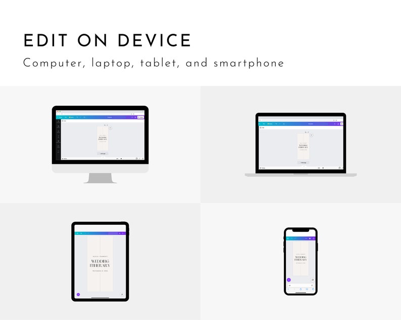 K&ouml;nnte beinhalten: Ein Mockup, das zeigt, wie ein Design auf einem Computer, Laptop, Tablet und Smartphone bearbeitet werden kann. Das Design ist eine einfache wei&szlig;e Karte mit dem Text "Wedding Invitations" in Schwarz.