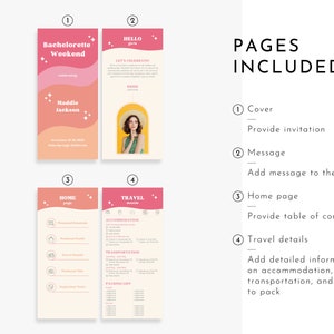 May include: A pink and white printable bachelorette weekend itinerary with four pages. The cover page features the text "Bachelorette Weekend" and "Maddio Jackson". The second page has the text "Hello girls" and "Let's Celebrate". The third page is titled "Home Page" and the fourth page is titled "Travel Details".