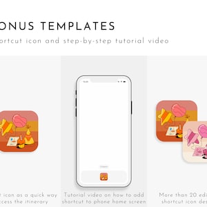 Pu&ograve; includere: Un mockup di uno smartphone con uno schermo vuoto e un'icona di collegamento a tema festa di compleanno. L'icona presenta un cupcake con una candela, una stella e due palloncini. Il testo "BONUS TEMPLATES" &egrave; in alto nell'immagine. Il testo "Shortcut icon and step-by-step tutorial video" &egrave; sotto il titolo. Il testo "Shortcut icon as a quick way to access the itinerary" &egrave; sotto l'icona a sinistra. Il testo "Tutorial video on how to add shortcut to phone home screen" &egrave; sotto il mockup del telefono. Il testo "More than 20 editable shortcut icon designs" &egrave; sotto l'icona a destra.